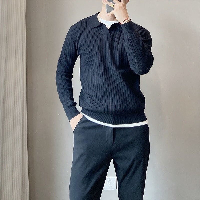 Lightly Mature Spring And Autumn Stripes Lapel Boys Texture Loose Elastic Knitted Sweater