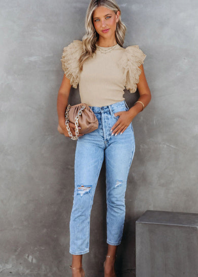 Apricot Dotty Mesh Ruffle Sleeve Ribbed Knit Top