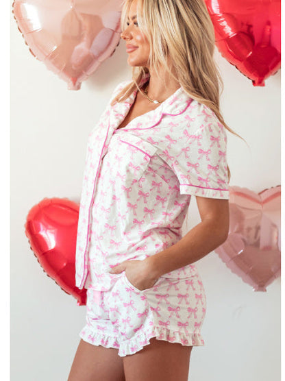 Short Sleeved And Pleated Shorts Pajama Set